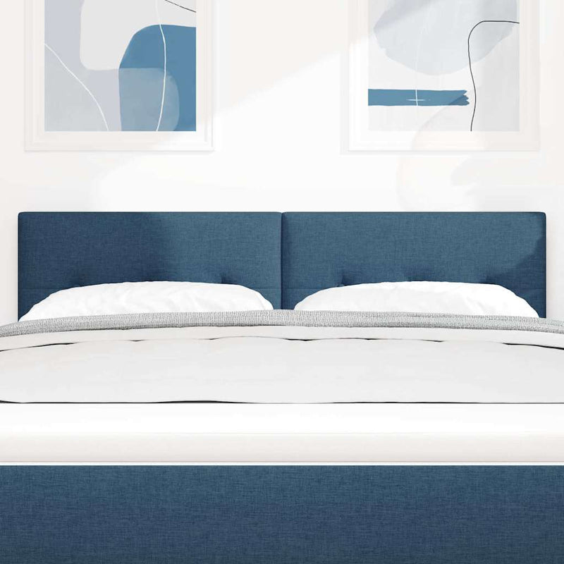 Tăblie LED cu benzi LED cu headboard albastru 144 cm țesătură
