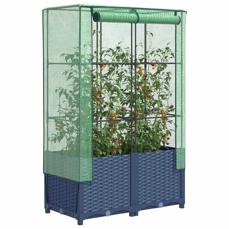 Strat înălțat cu husă de seră, aspect ratan, 80x40x138 cm