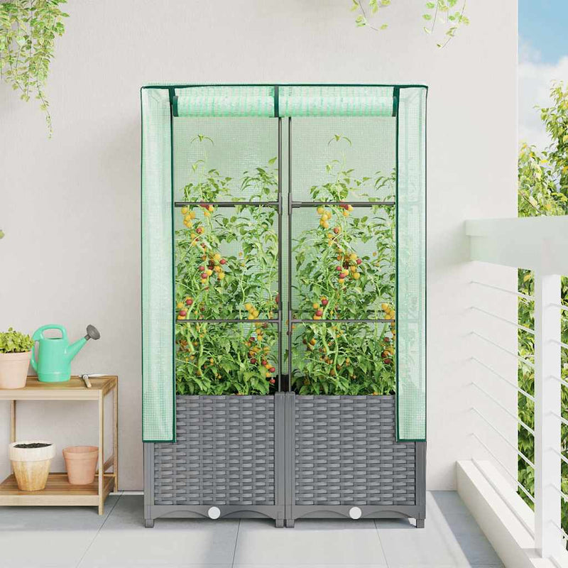 Strat înălțat cu husă de seră, aspect ratan, 80x40x138 cm
