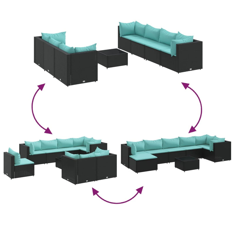 Set mobilier de grădină cu perne, 8 piese, negru, poliratan