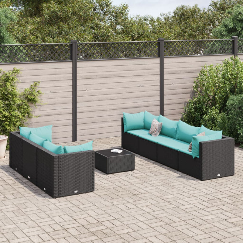 Set mobilier de grădină cu perne, 8 piese, negru, poliratan