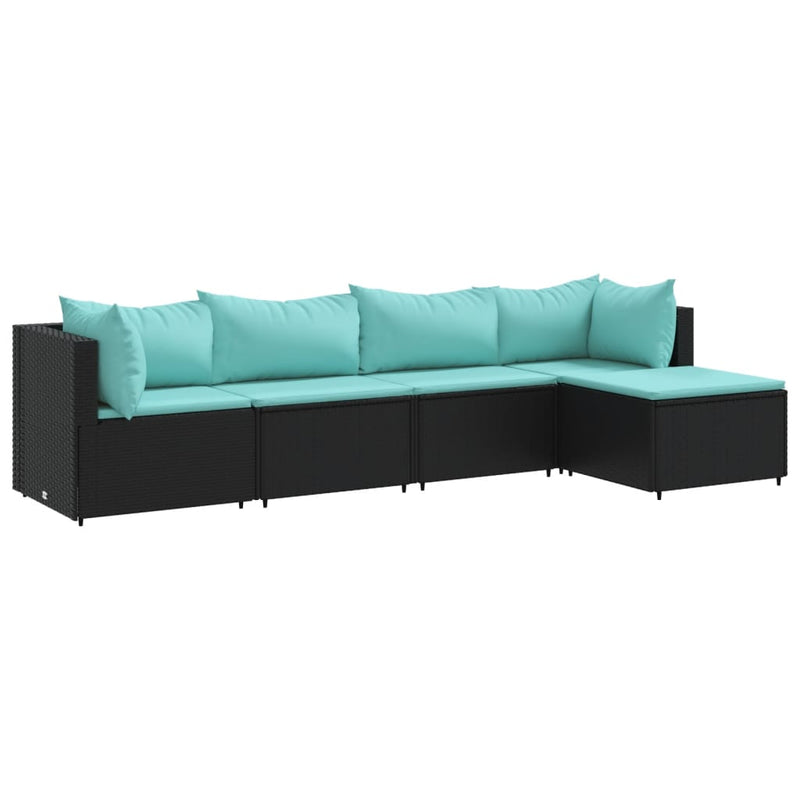 Set șezlonguri de grădină, 5 piese, cu perne, negru, poliratan