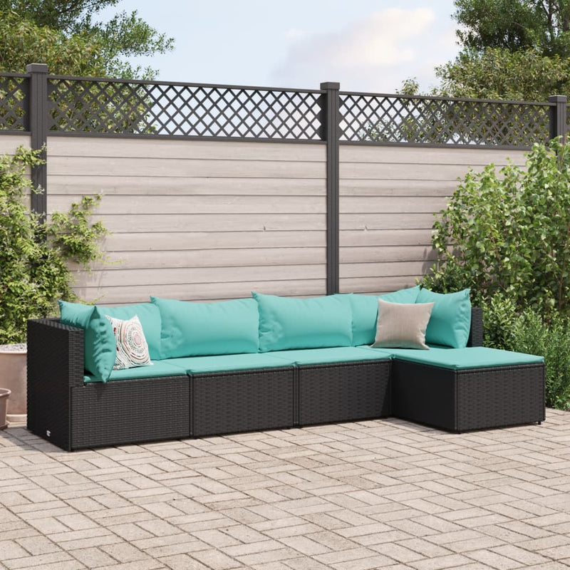 Set șezlonguri de grădină, 5 piese, cu perne, negru, poliratan