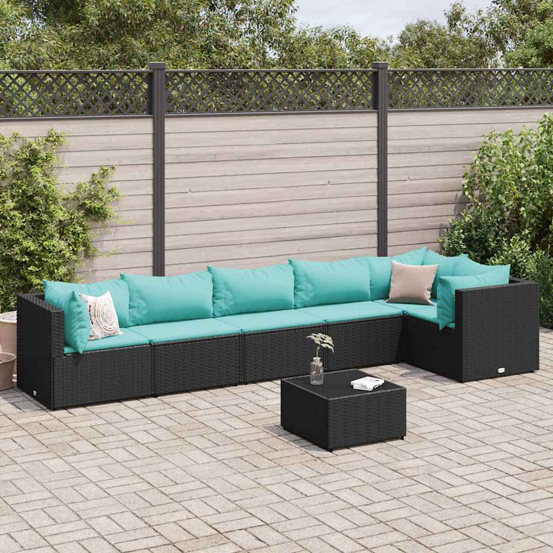 Set mobilier de grădină cu perne, 7 piese, negru, poliratan