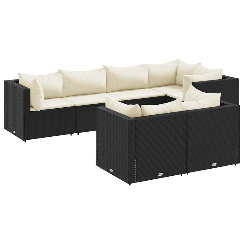 Set mobilier de grădină cu perne, 7 piese, negru, poliratan