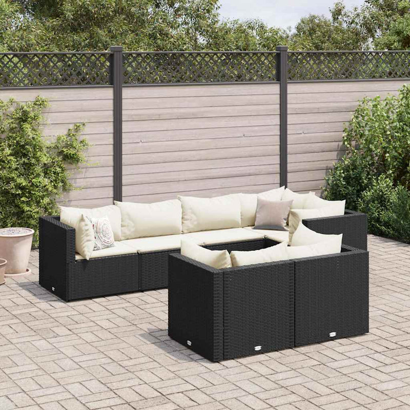 Set mobilier de grădină cu perne, 7 piese, negru, poliratan