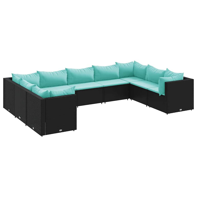 Set mobilier de grădină cu perne, 9 piese, negru, poliratan