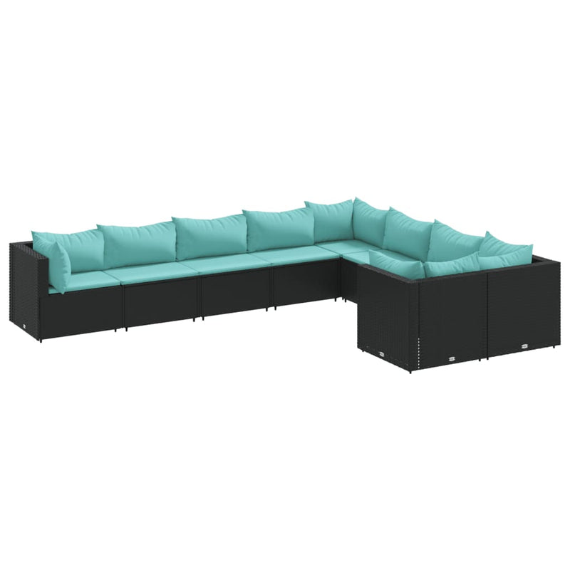 Set mobilier de grădină cu perne, 9 piese, negru, poliratan