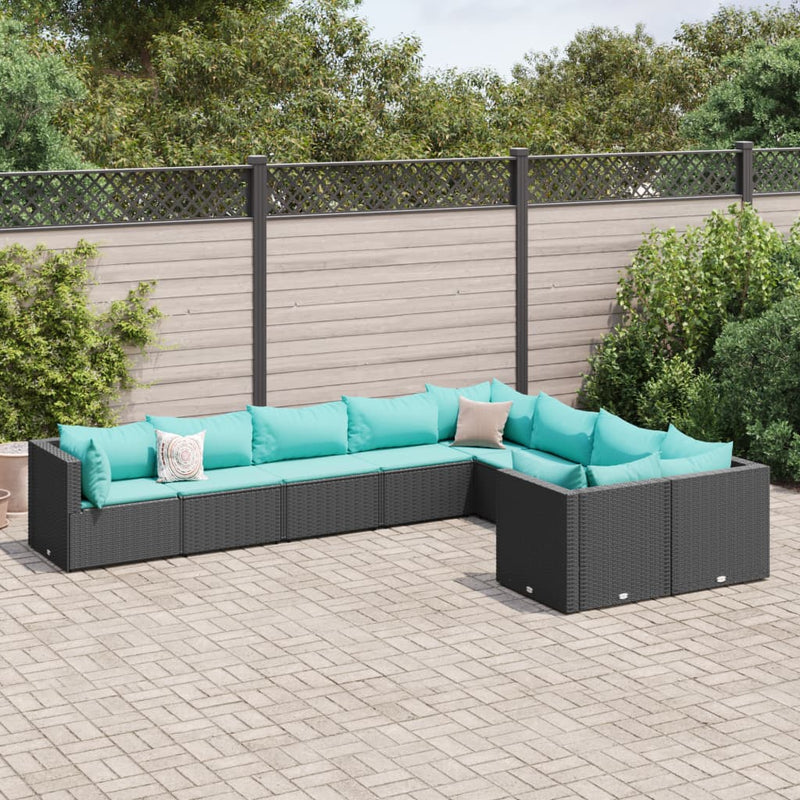 Set mobilier de grădină cu perne, 9 piese, negru, poliratan