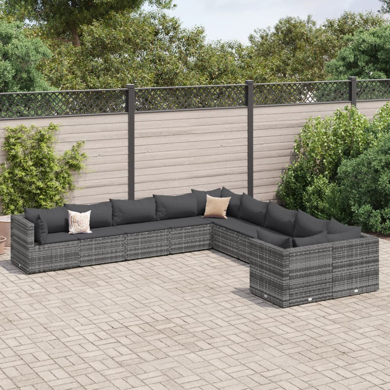 Set mobilier de grădină cu perne, 10 piese, gri, poliratan