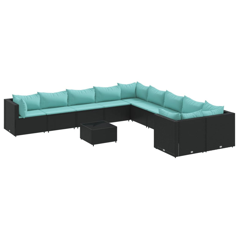 Set canapele de grădină cu perne, 11 piese, negru, poliratan