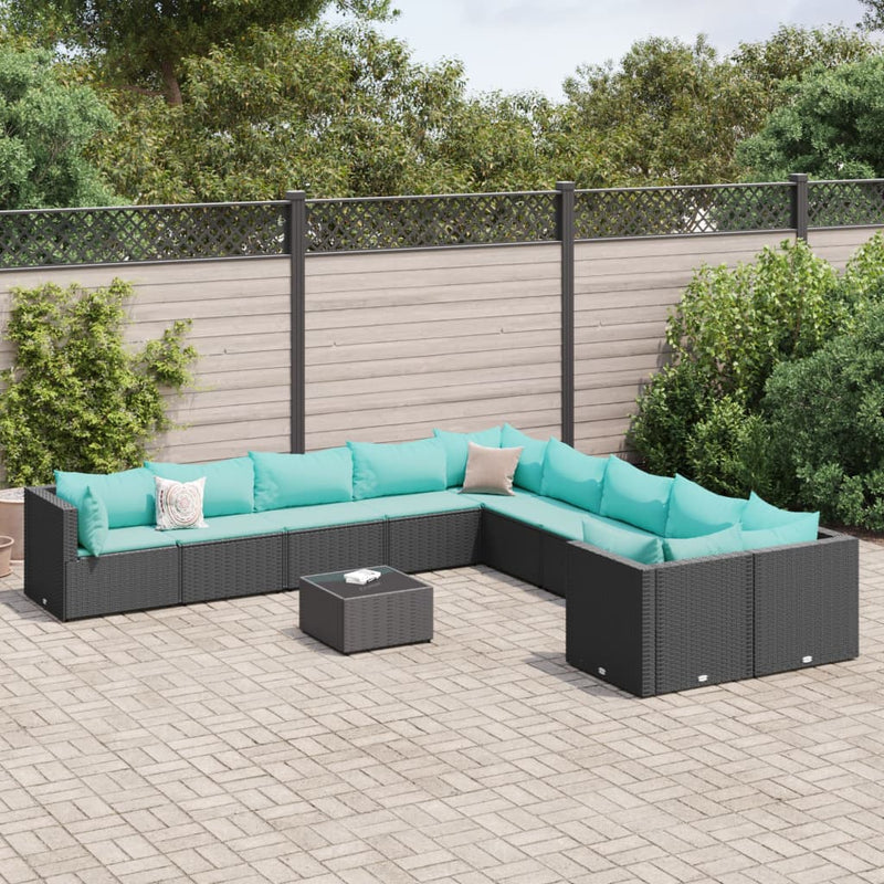 Set canapele de grădină cu perne, 11 piese, negru, poliratan