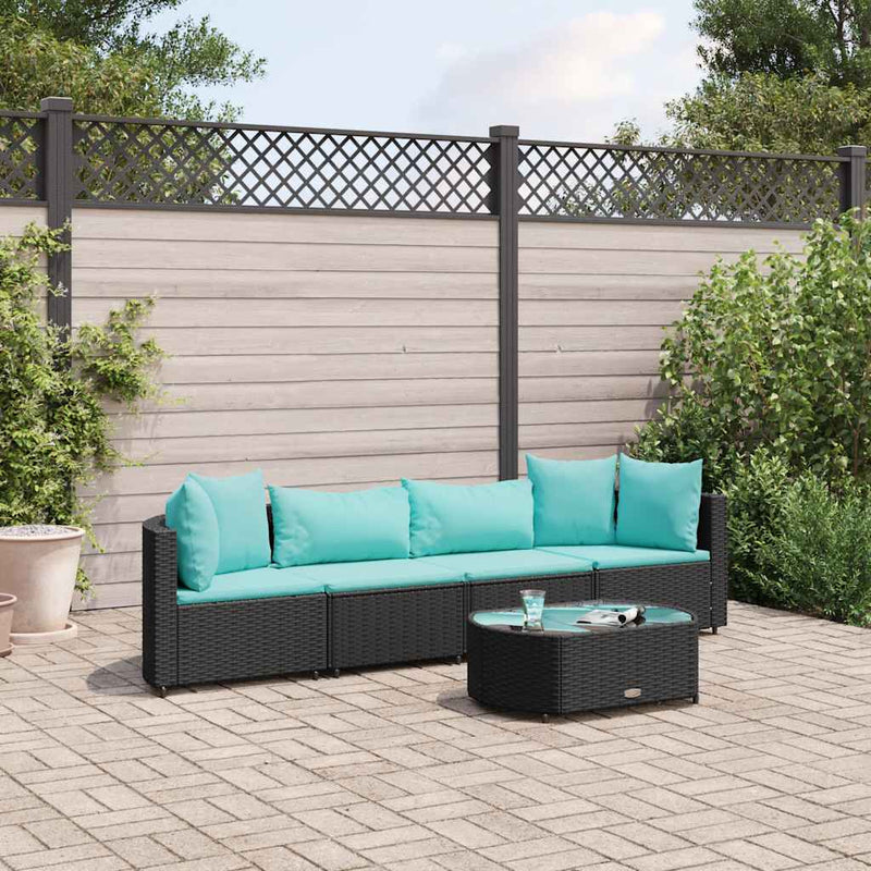 Set mobilier de grădină cu perne, 5 piese, negru, poliratan