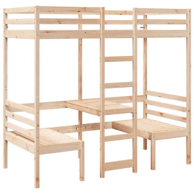 Cadru pat etajat, birou/scaune, 90x190 cm, lemn masiv pin