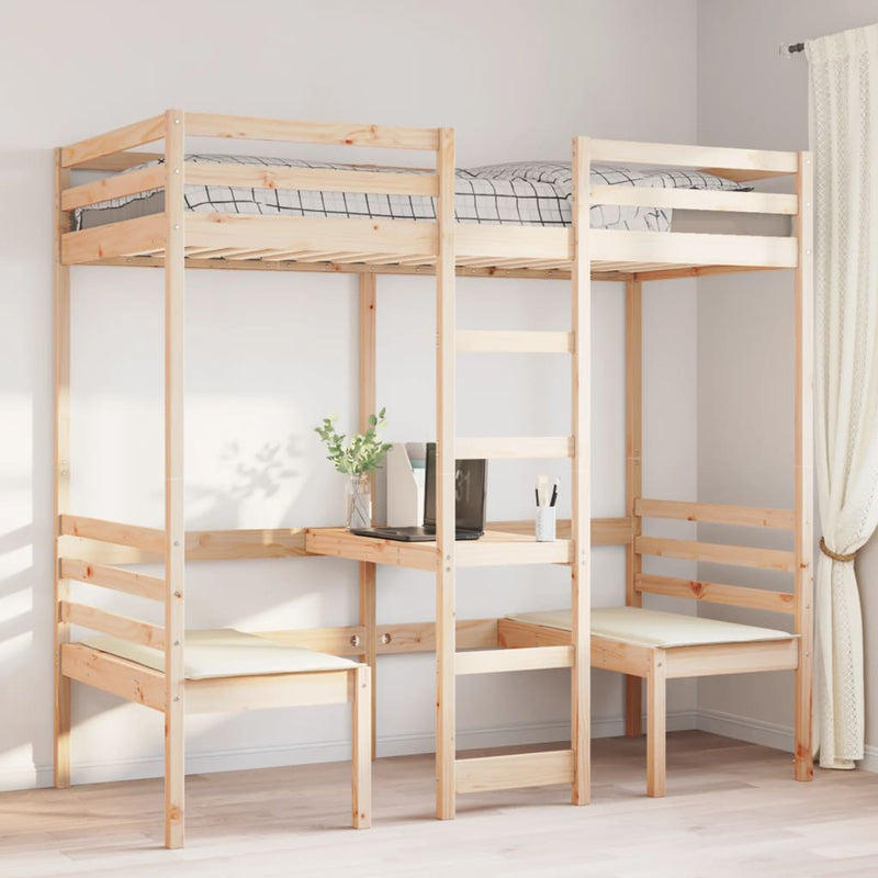 Cadru pat etajat, birou/scaune, 90x190 cm, lemn masiv pin