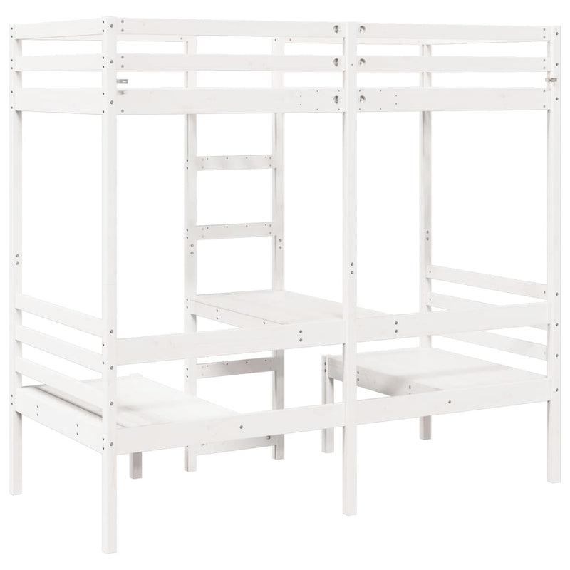 Cadru pat etajat, birou/scaune, alb, 75x190 cm, lemn masiv pin