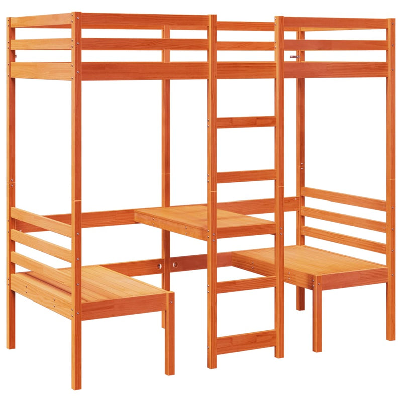 Cadru pat etajat birou/scaune, maro, 75x190 cm, lemn masiv pin