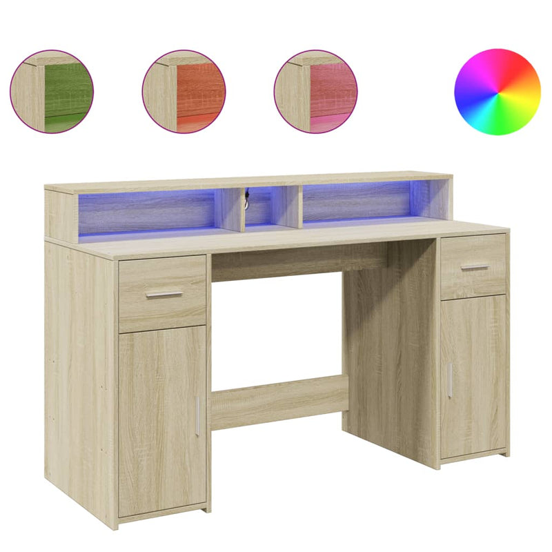 Birou cu lumini LED stejar sonoma, 140x55x91 cm, lemn prelucrat