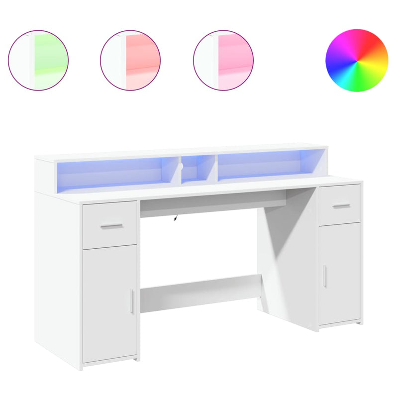 Birou cu lumini LED, alb, 160x55x91 cm, lemn prelucrat