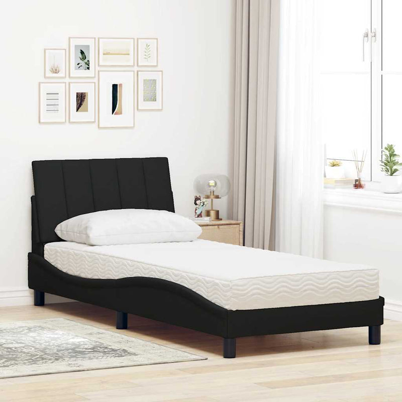Pat cu saltea, Hanko, negru, 90x190 cm, textil