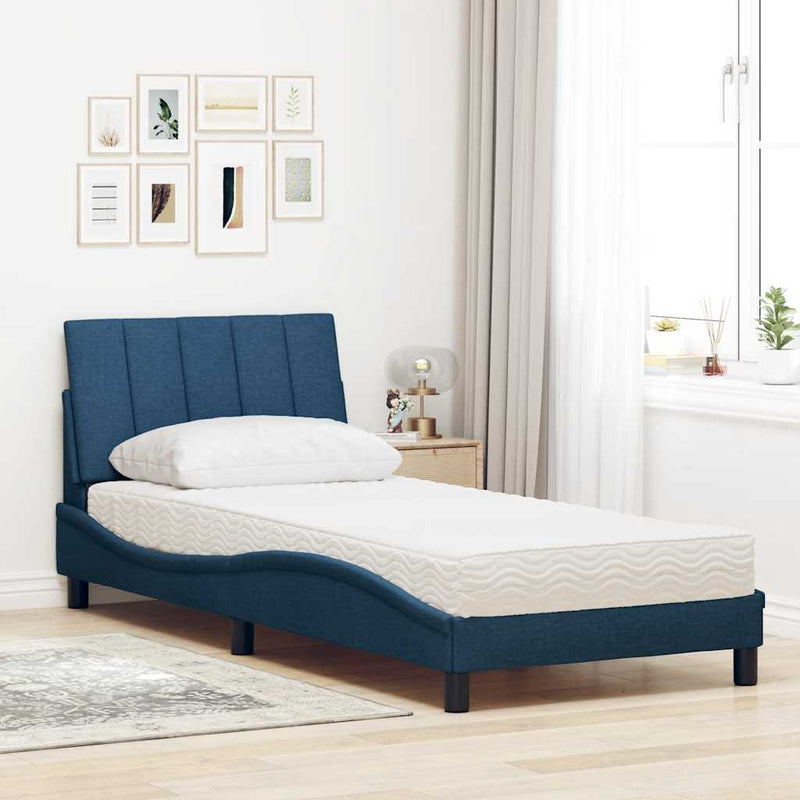 Pat cu saltea, Hanko, albastru, 90x190 cm, textil