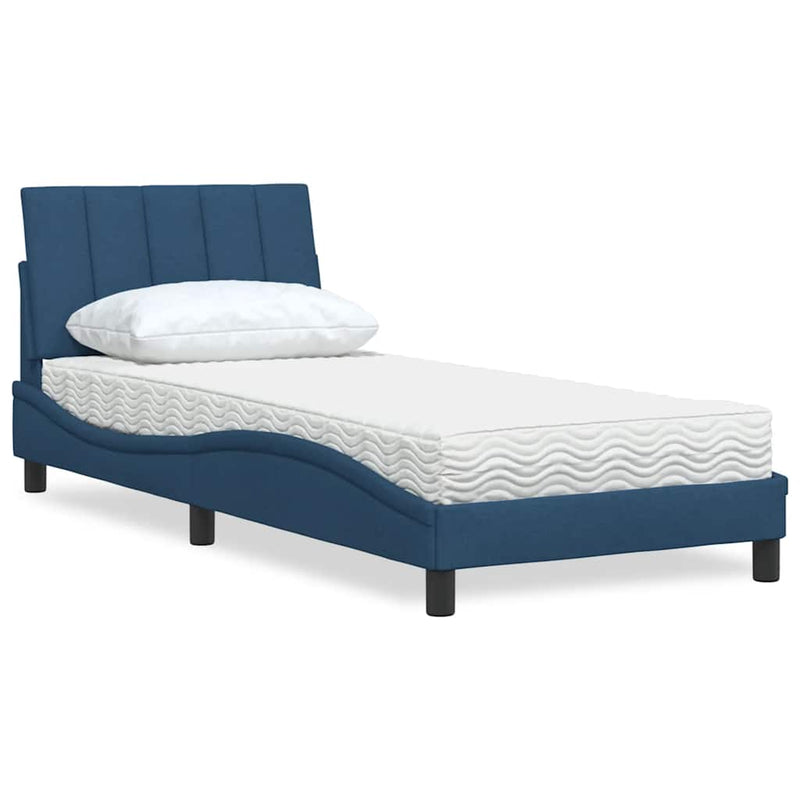 Pat cu saltea, Hanko, albastru, 90x190 cm, textil