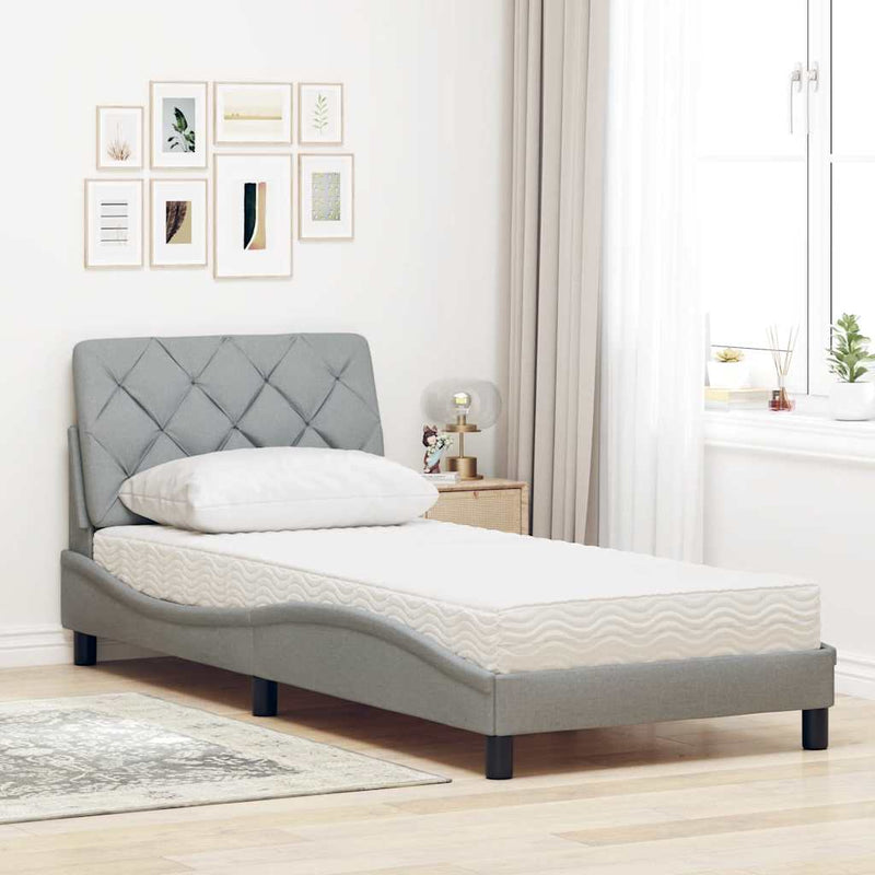 Pat cu saltea, gri deschis, 90x200 cm, textil