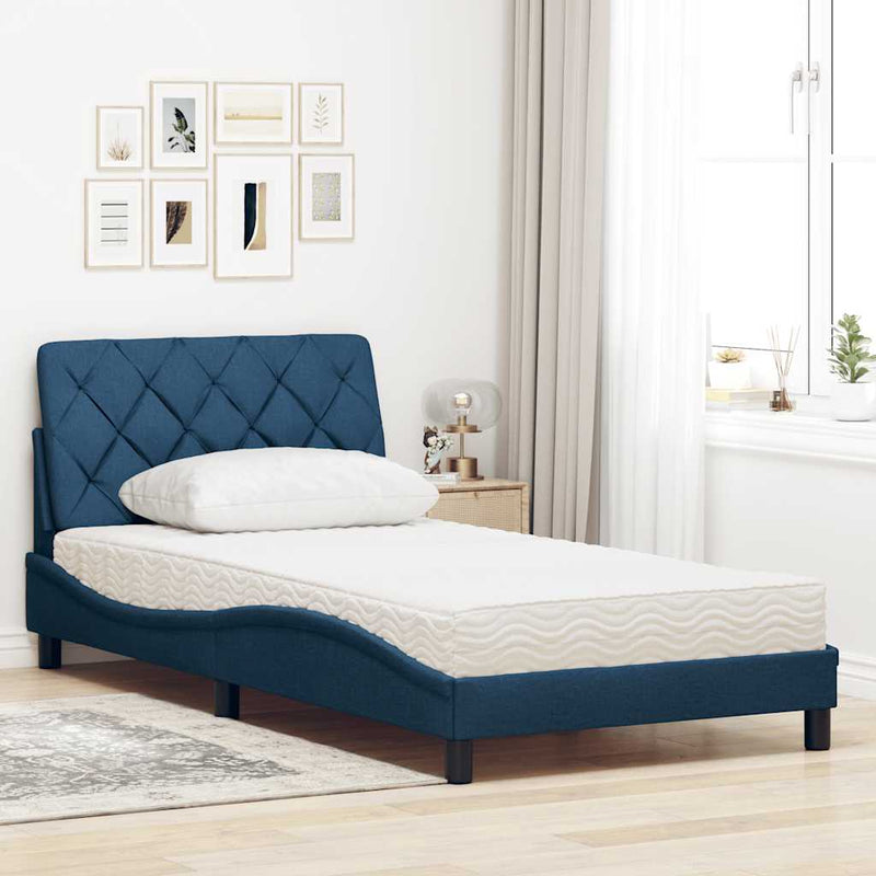 Pat cu saltea, albastru, 100x200 cm, textil