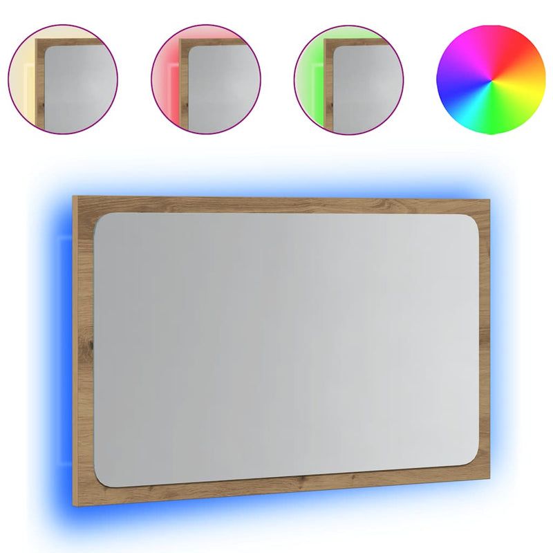 Oglindă de baie cu lumină LED, stejar artizanal, 60x8,5x38 cm
