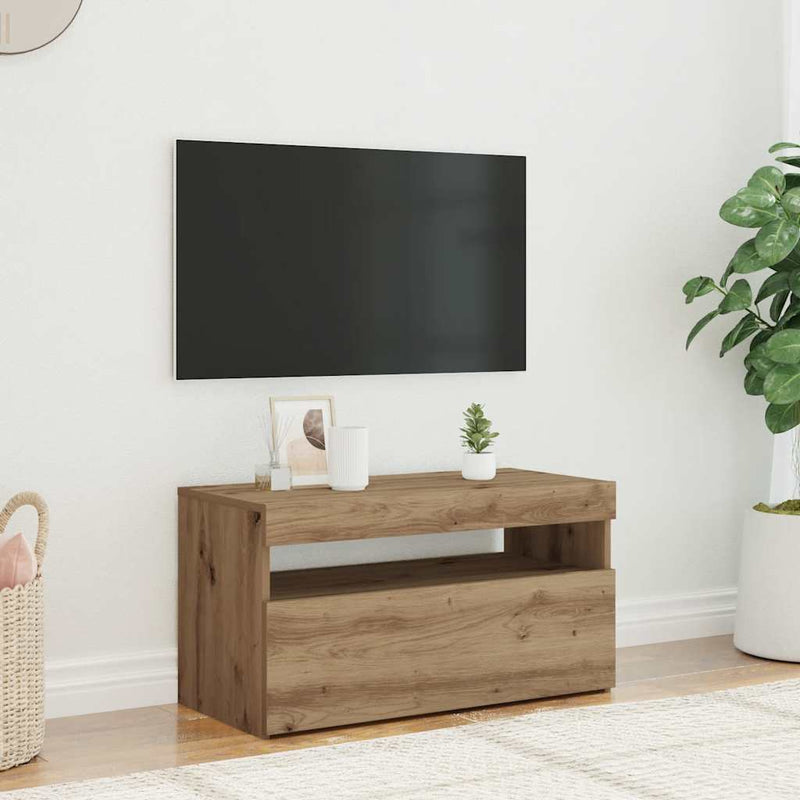 Dulap TV cu LED stejar artizanal 75x35x40 cm lemn prelucrat
