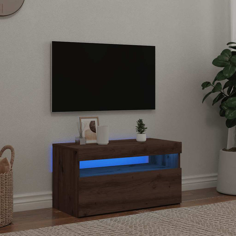 Dulap TV cu LED stejar artizanal 75x35x40 cm lemn prelucrat