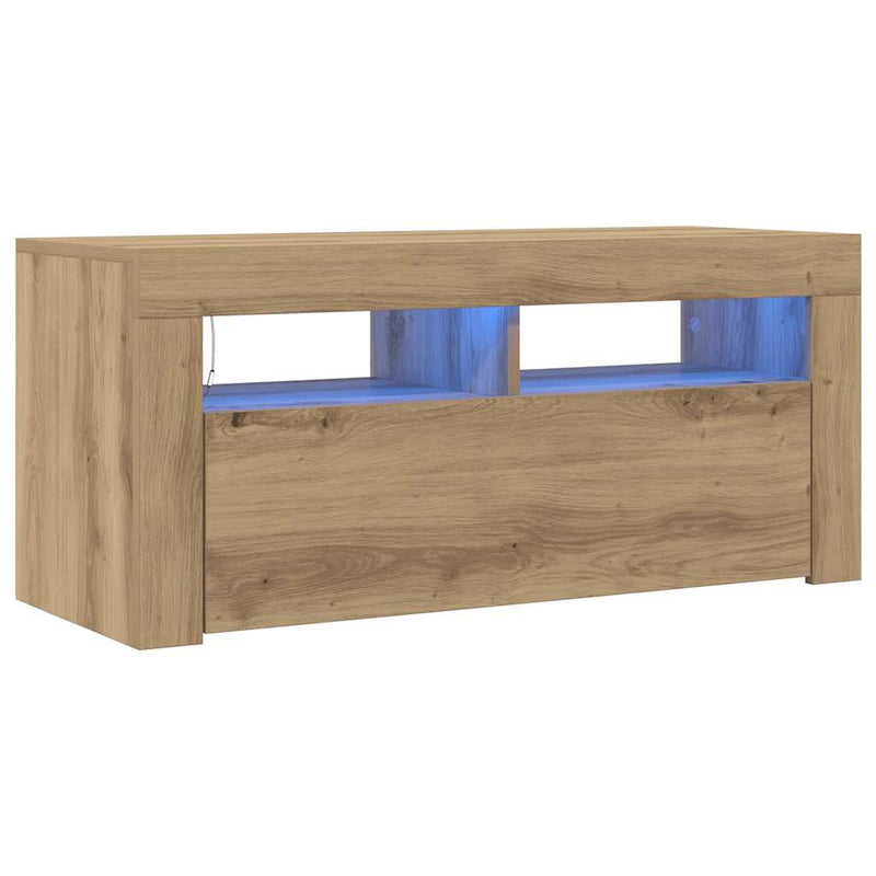 Dulap TV cu LED stejar artizanal 90x35x40 cm lemn prelucrat