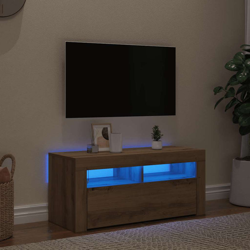 Dulap TV cu LED stejar artizanal 90x35x40 cm lemn prelucrat