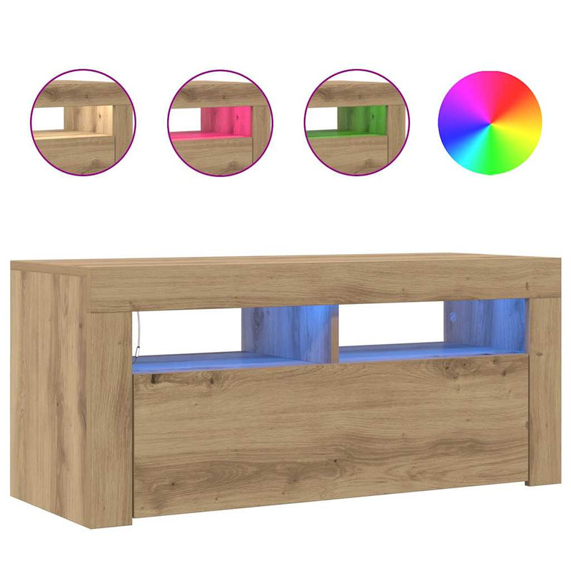 Dulap TV cu LED stejar artizanal 90x35x40 cm lemn prelucrat