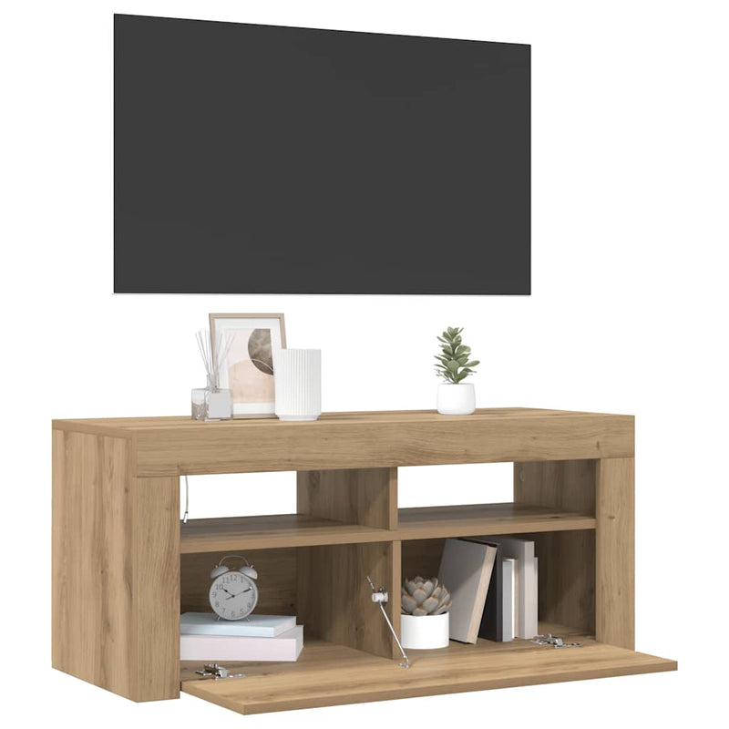Dulap TV cu LED stejar artizanal 90x35x40 cm lemn prelucrat