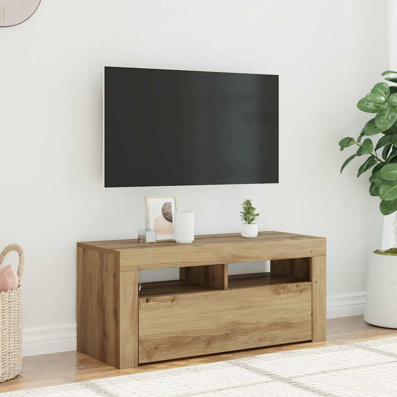Dulap TV cu LED stejar artizanal 90x35x40 cm lemn prelucrat
