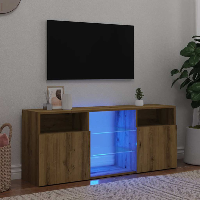 Dulap TV cu LED stejar artizanal 120x30x50 cm lemn prelucrat