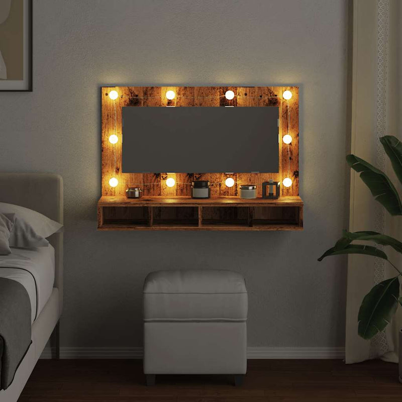Dulap cu oglindă și LED, lemn vechi, 90x31,5x62 cm