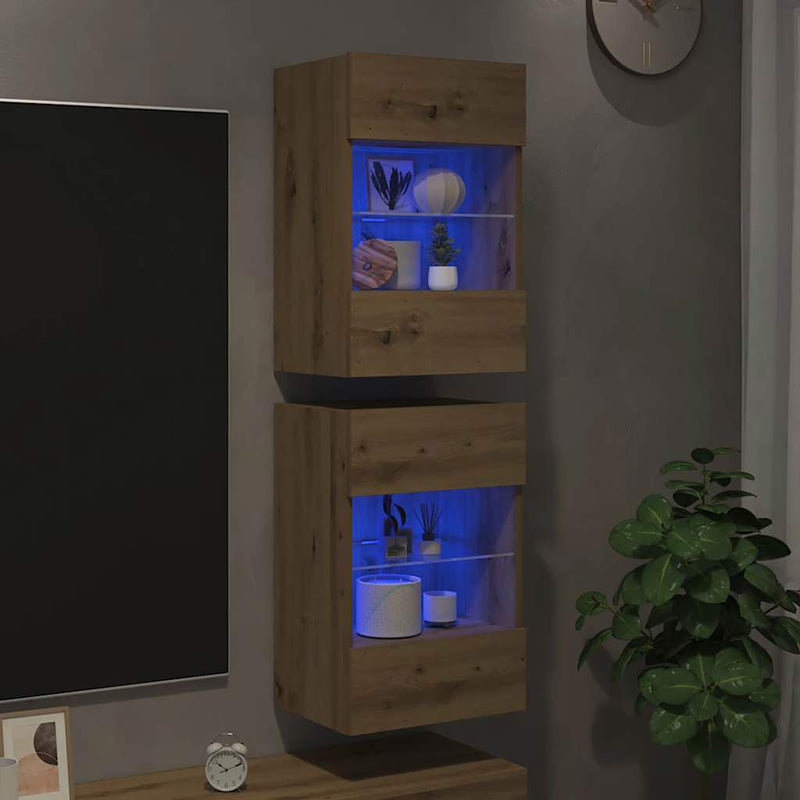 Comode de perete cu lumini LED pentru TV, 2 buc. Stejar artizanal 40x30x60,5 cm