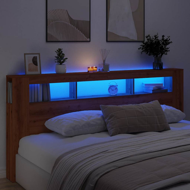 Tăblie de pat cu LED, stejar artizanal, 220x18,5x103,5 cm, lemn