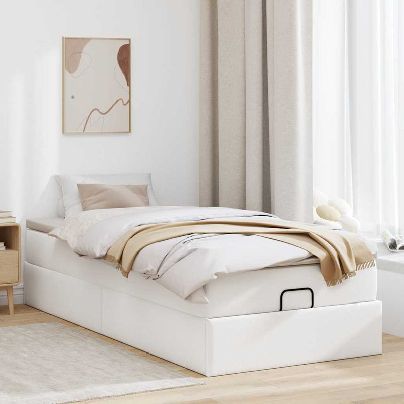 Cadru de pat otoman cu saltea alb 100x200cm piele artificială
