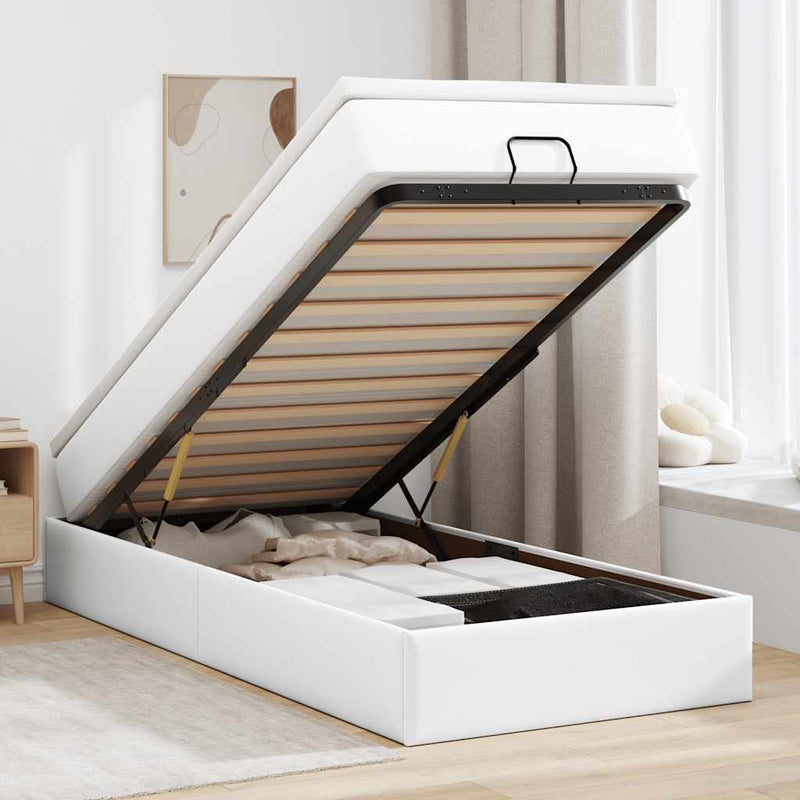 Cadru de pat otoman cu saltea alb 100x200cm piele artificială