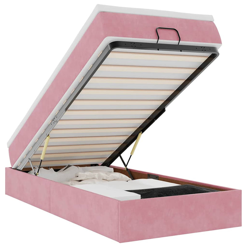 Cadru de pat otoman cu saltea, catifea roz 80x200cm