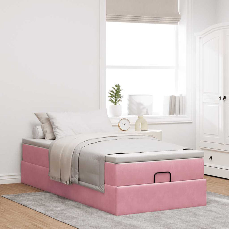 Cadru de pat otoman cu saltea, catifea roz 90x190cm