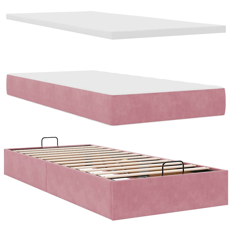 Cadru de pat otoman cu saltea, catifea roz 90x190cm