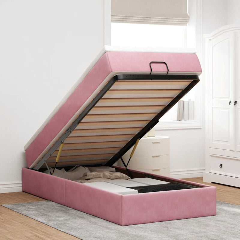 Cadru de pat otoman cu saltea, catifea roz 90x190cm