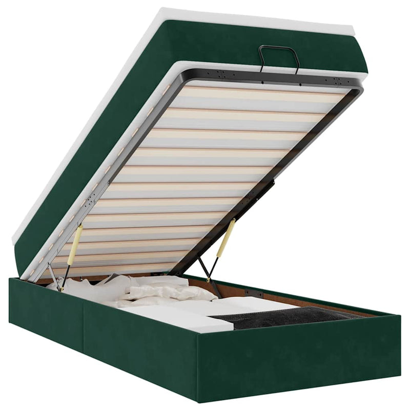 Cadru de pat otoman cu saltea catifea verde închis 90x200cm