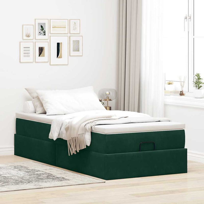 Cadru de pat otoman cu saltea catifea verde închis 90x200cm