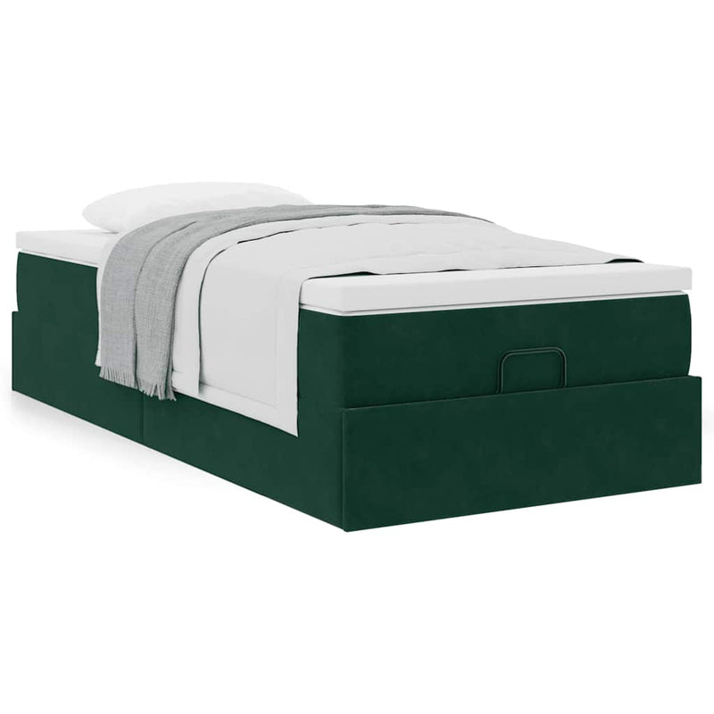 Cadru de pat otoman cu saltea catifea verde închis 90x200cm