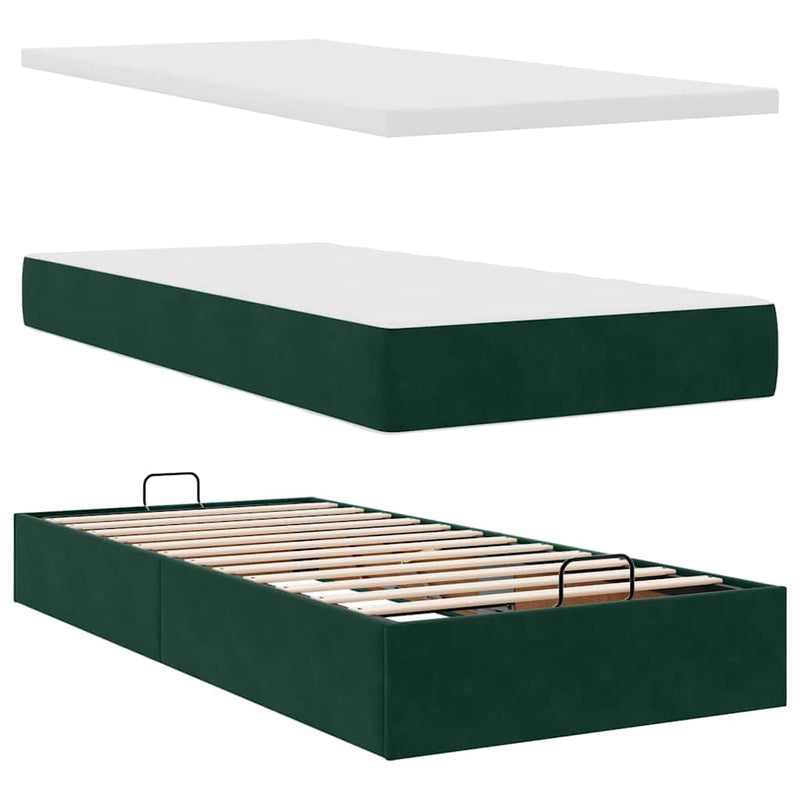 Cadru de pat otoman cu saltea catifea verde închis 90x200cm